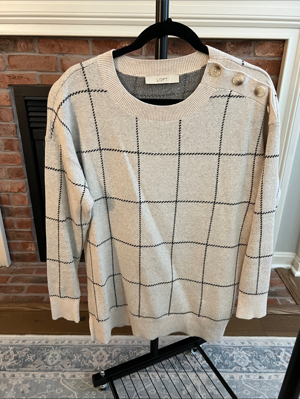 LOFT Cream Crewneck Sweater with Black Windowpane and Shoulder Buttons
